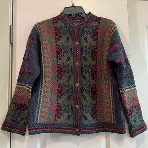 Cherry Lewis Vintage Multicolor Floral English Wool Blend Cardigan Sweater Small